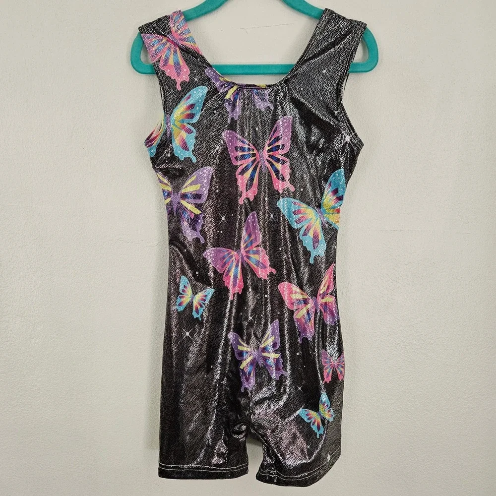Girls Butterfly Gymnastics Biketard Set 3pc Metallic Dance Leotard Size‎ 7